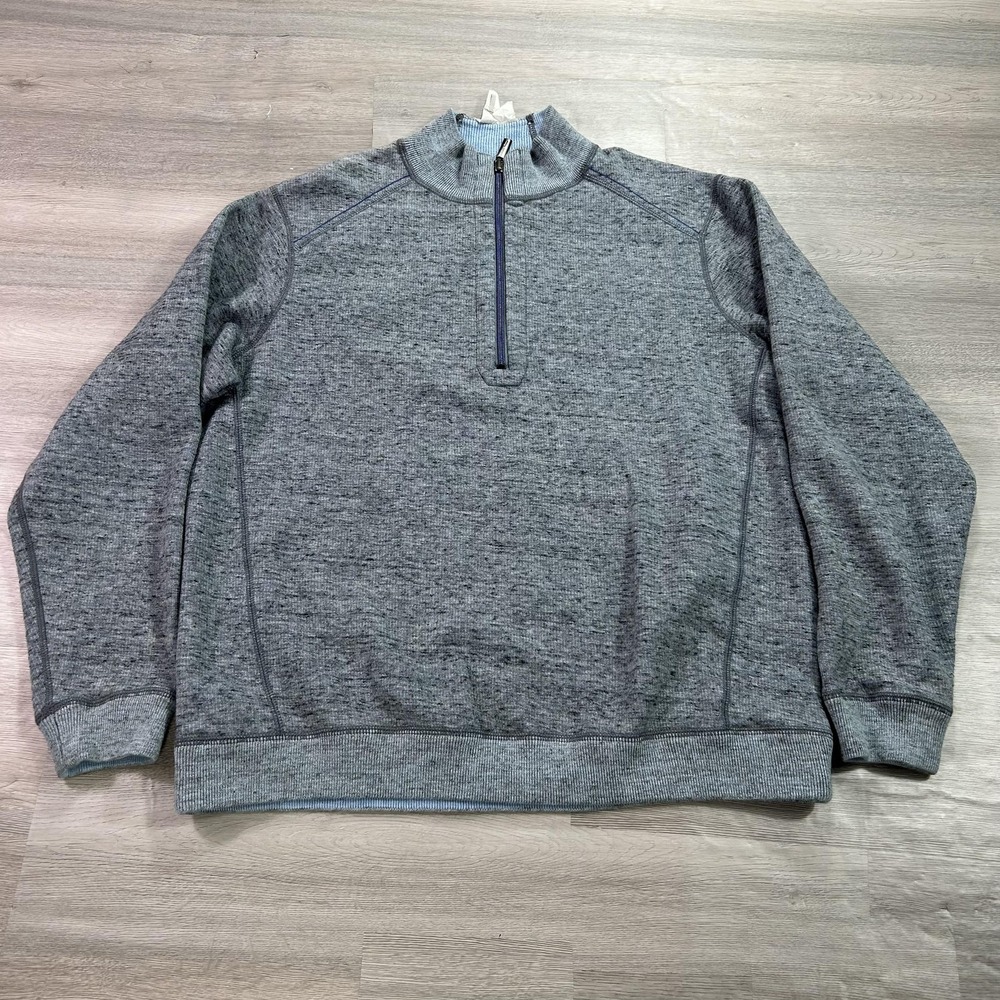 Tommy Bahama Sweatshirt Mens Large Gray Blue 1/4 Zip Reversible Knit Pullover